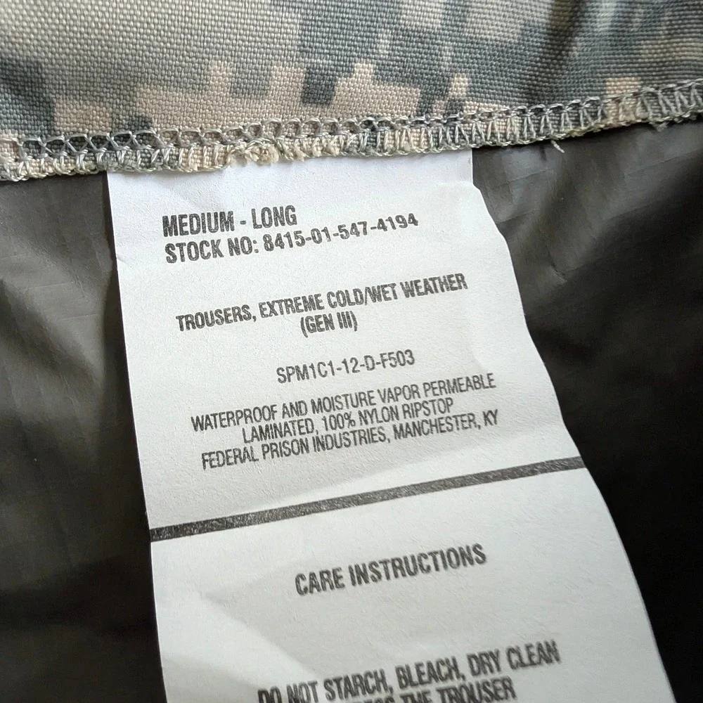 US Army ECWCS Gen III Trousers Extreme Cold Wet Weather‎ Camo Medium Long NWT!